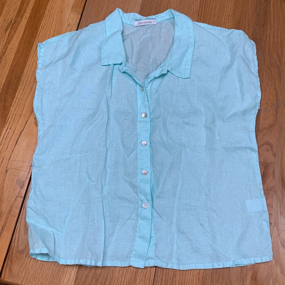 Cut Loose Women Aqua Blue 100% Linen Short Sleeve Button Down Top 4206847 Small